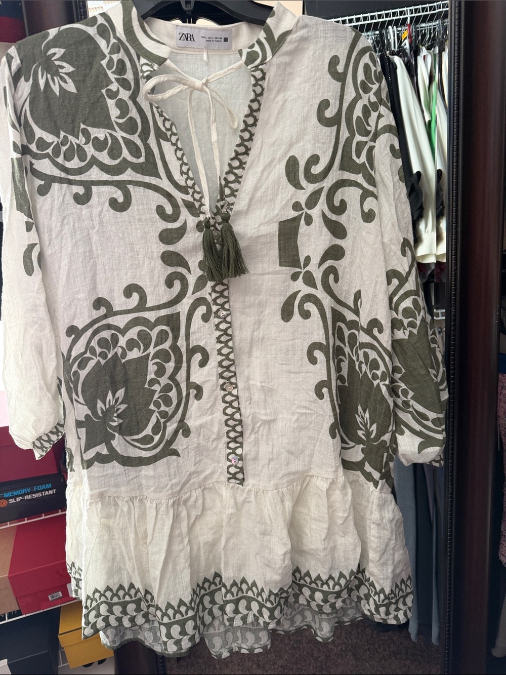 Zara White and Olive Printed Peasant Tunic Size Large